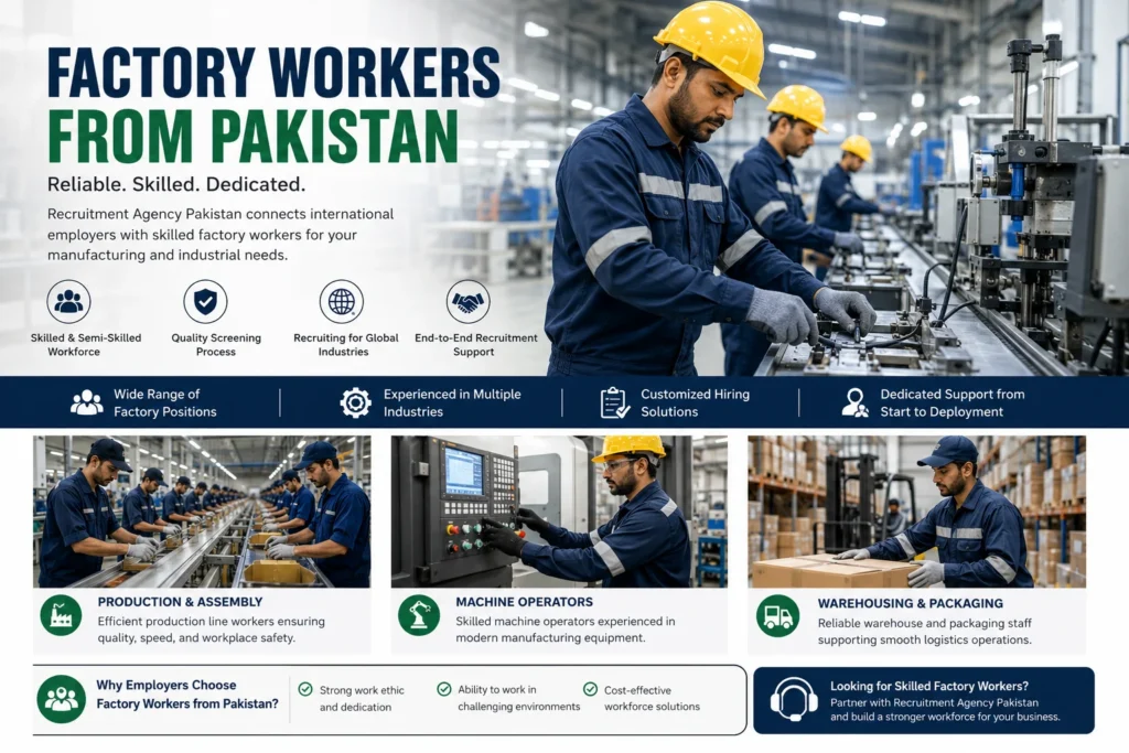 Factory workers from Pakistan working in a modern manufacturing facility